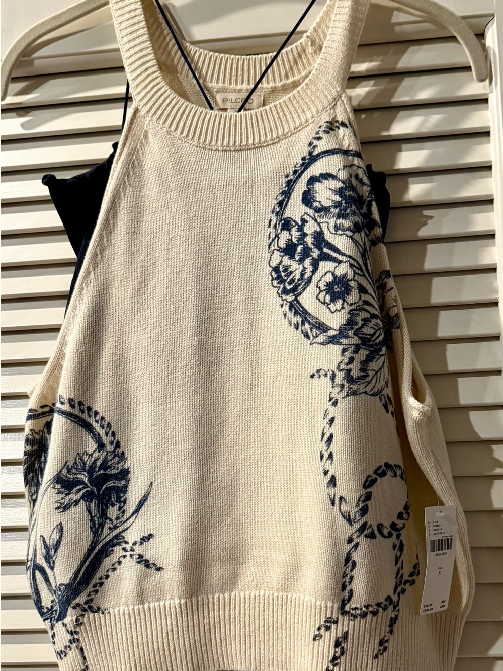 Anthropologie Cream Knit Tank with Navy Floral Motif